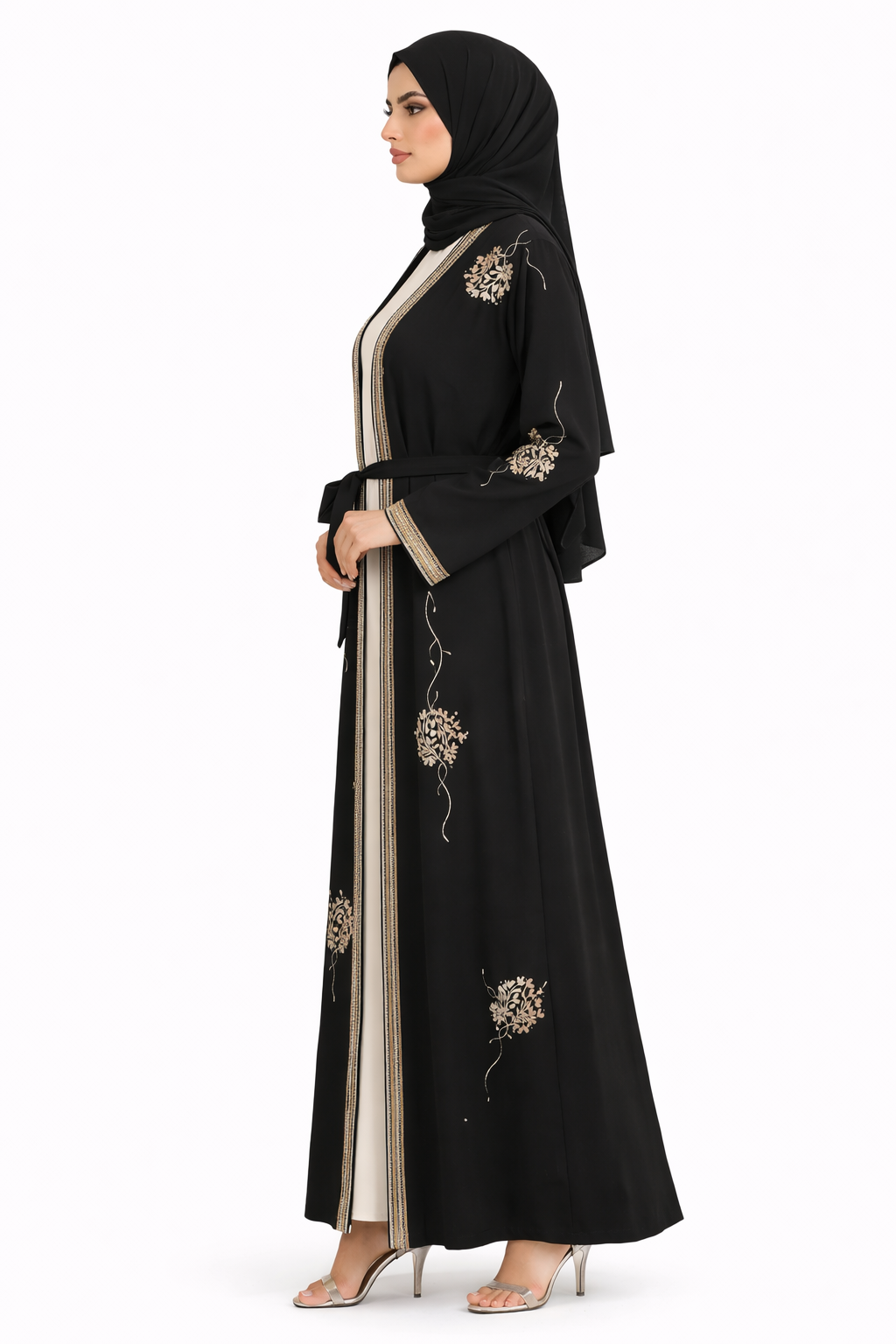 Tap Shoe Floral Detail Open Front Maxi Abaya