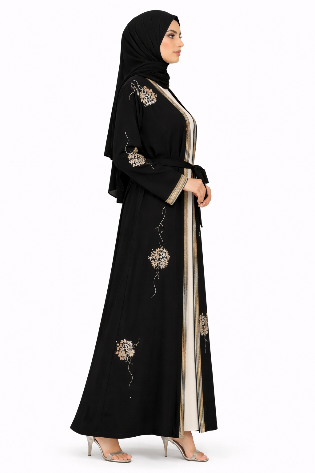 Tap Shoe Floral Detail Open Front Maxi Abaya