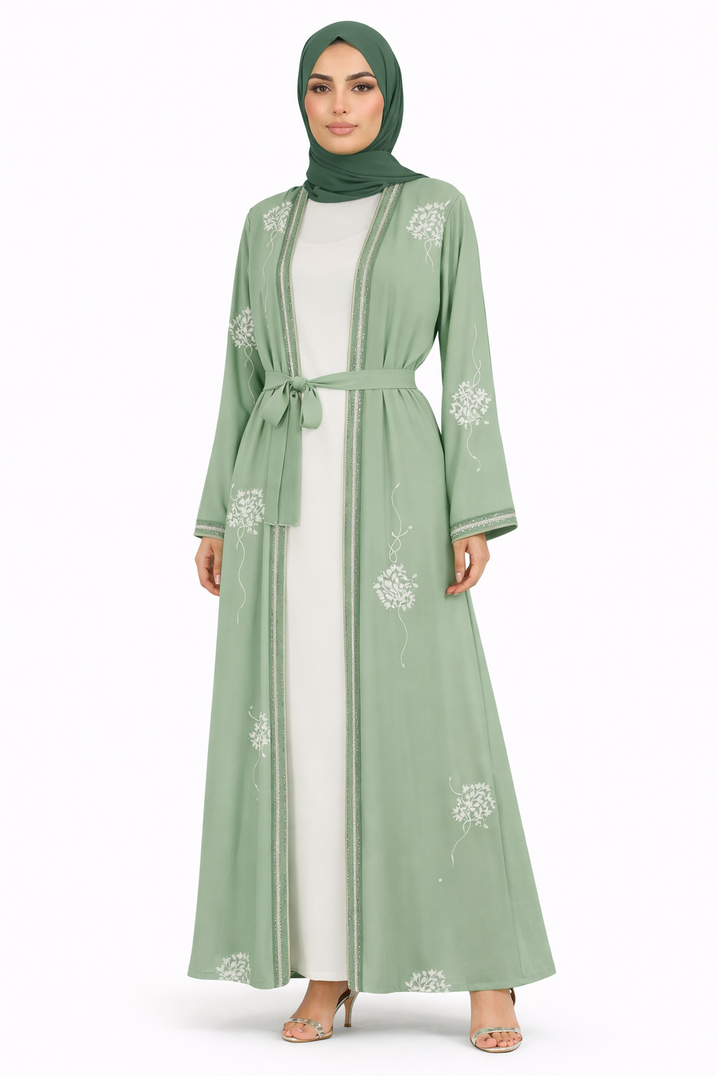 Malachite Green Floral Detail Open Front Maxi Abaya