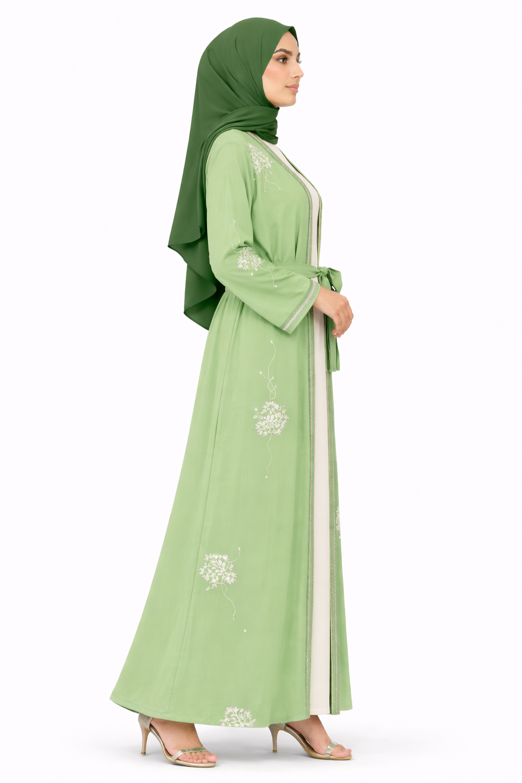 Malachite Green Floral Detail Open Front Maxi Abaya