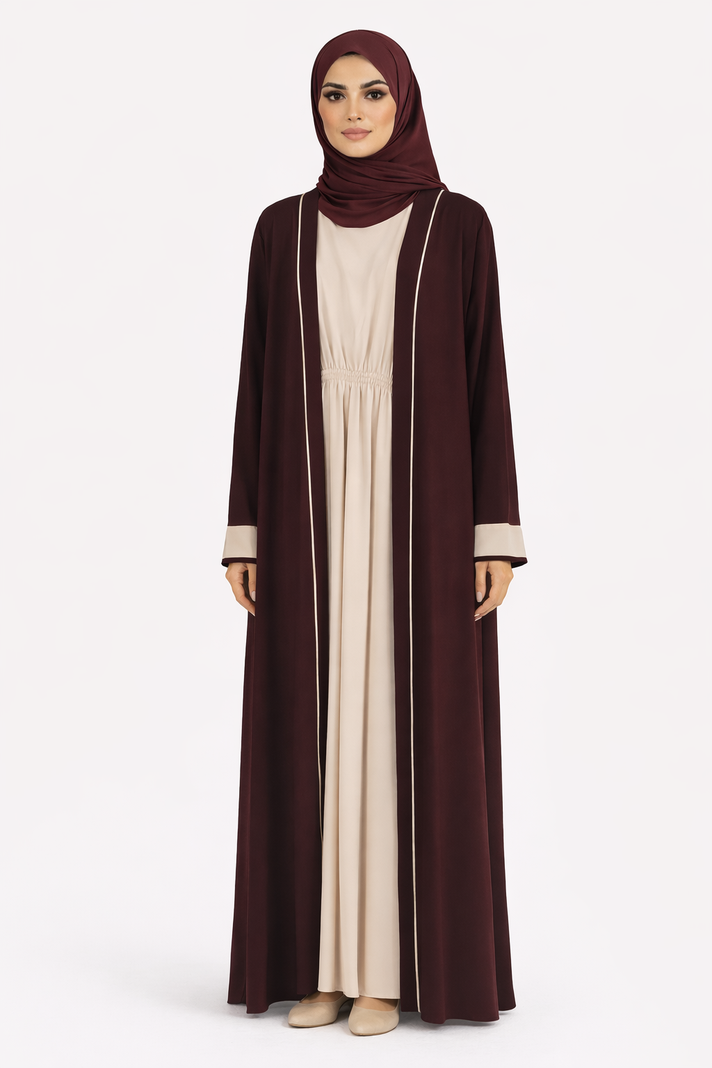 Zinfandel Contrast Trim Belted Two-Piece Open Front Maxi Abaya