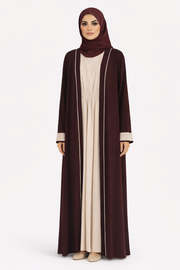 Zinfandel Contrast Trim Belted Two-Piece Open Front Maxi Abaya