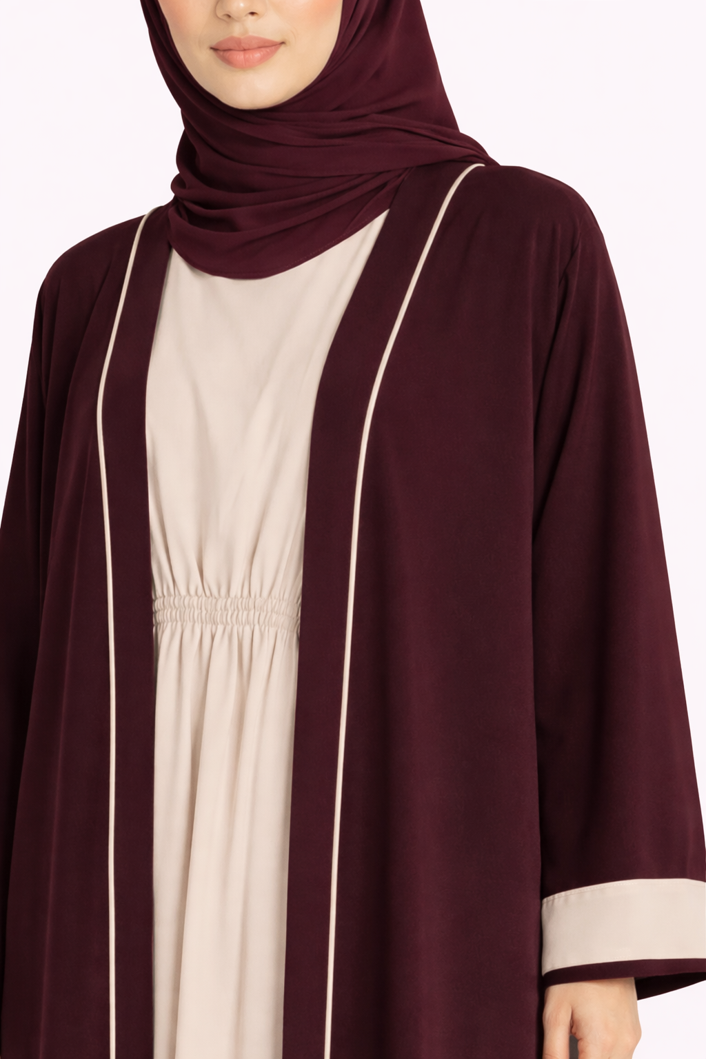 Zinfandel Contrast Trim Belted Two-Piece Open Front Maxi Abaya