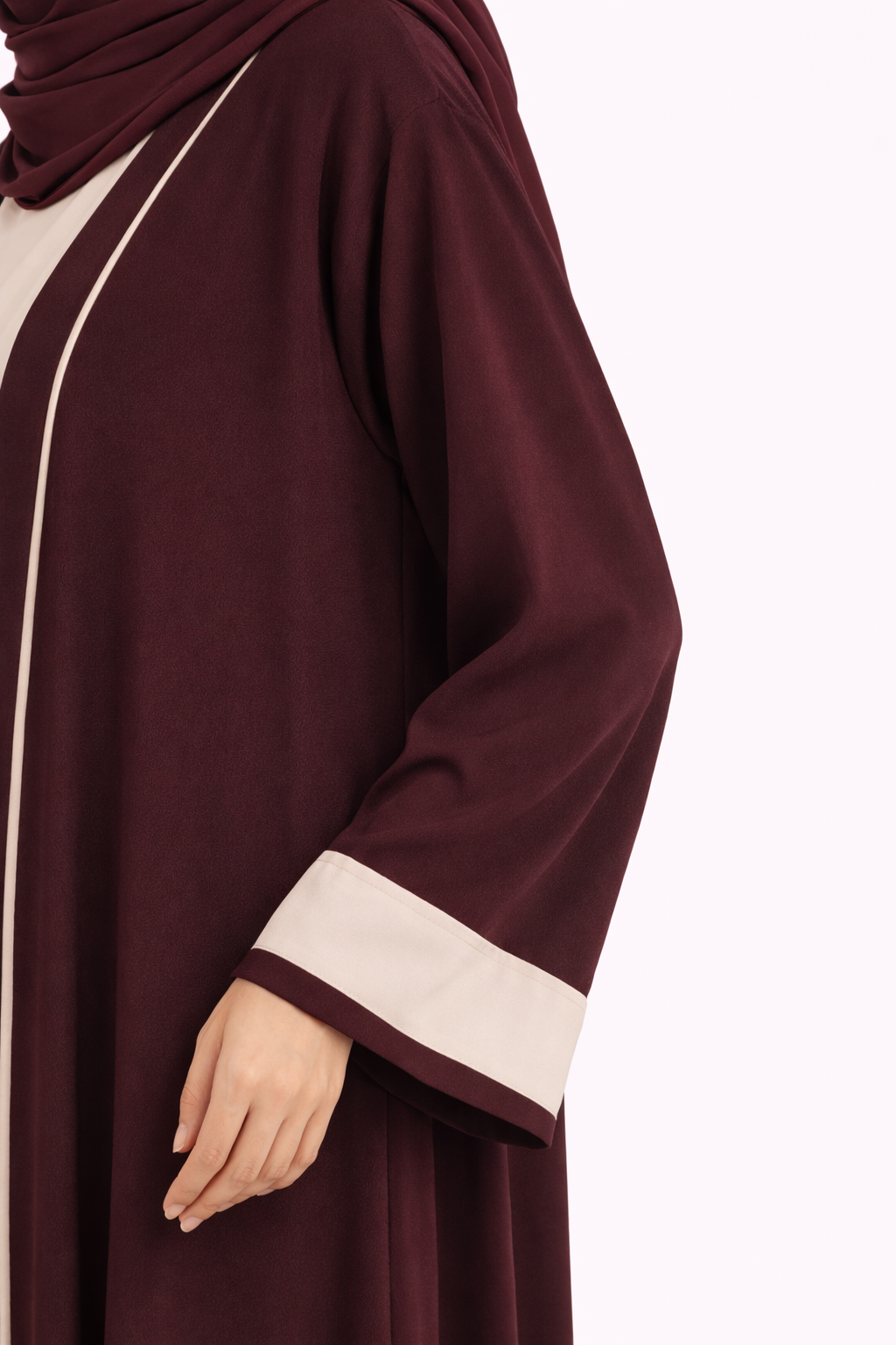 Zinfandel Contrast Trim Belted Two-Piece Open Front Maxi Abaya