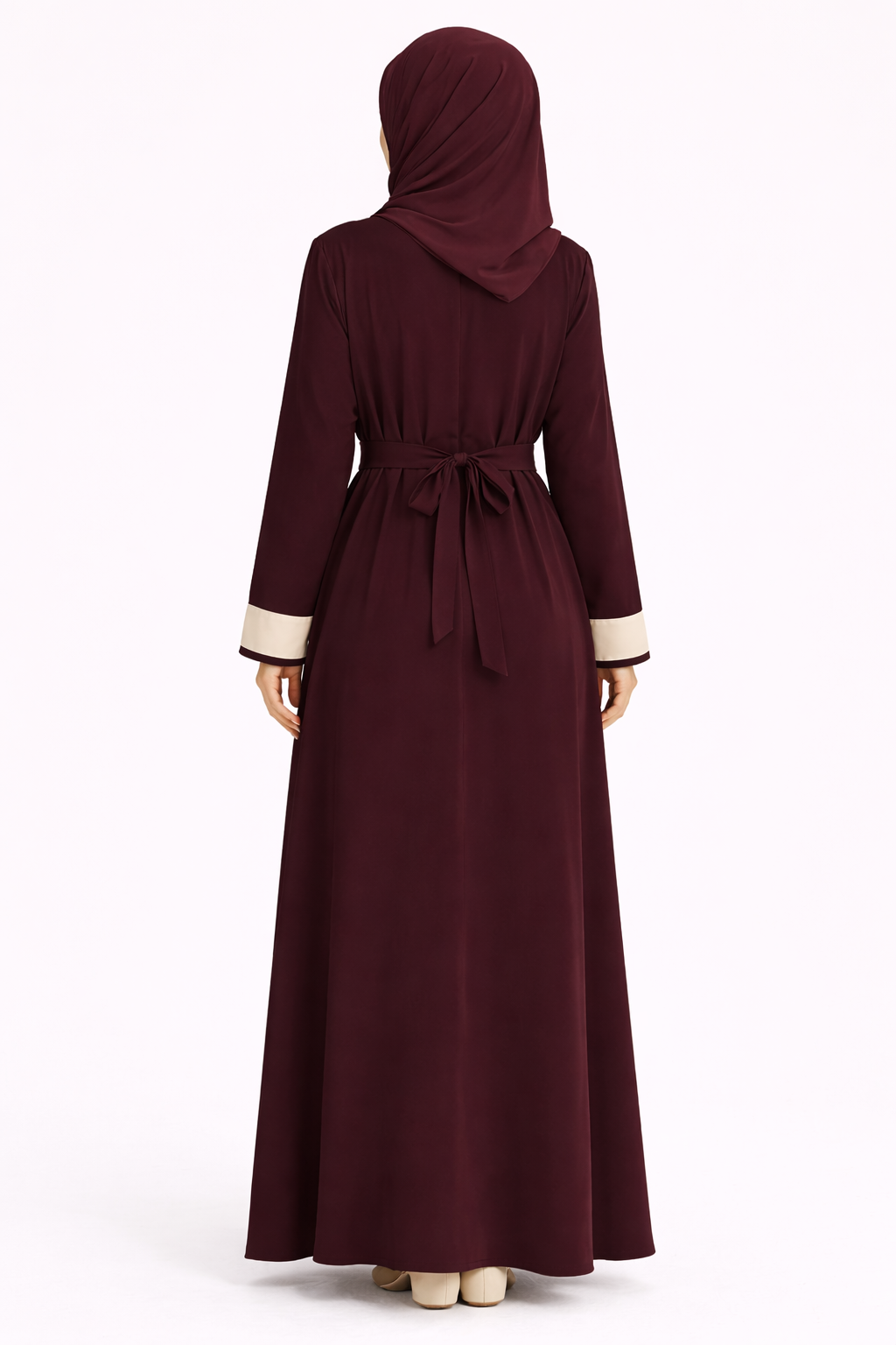 Zinfandel Contrast Trim Belted Two-Piece Open Front Maxi Abaya