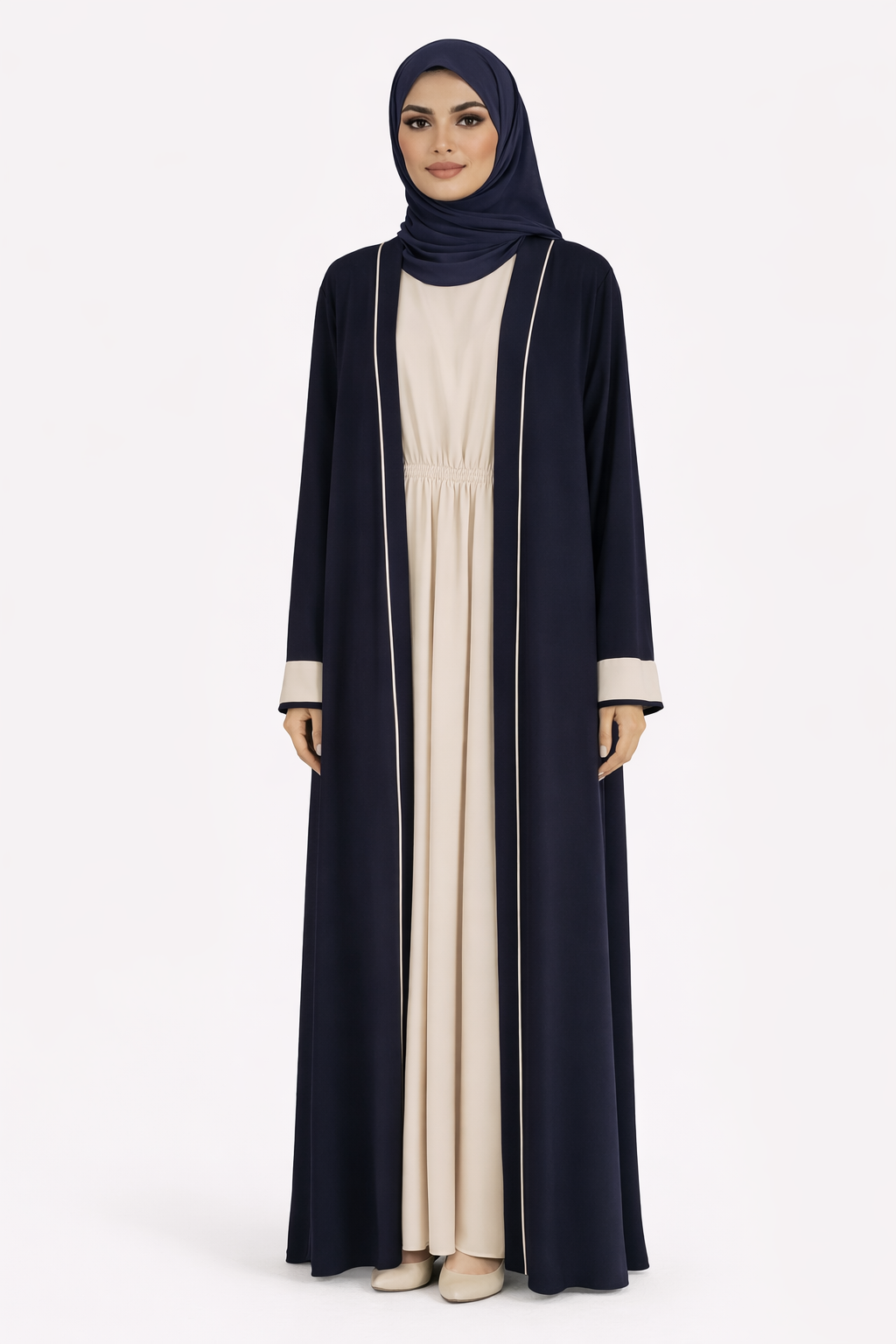Dark Sapphire Contrast Trim Belted Two-Piece Open Front Maxi Abaya