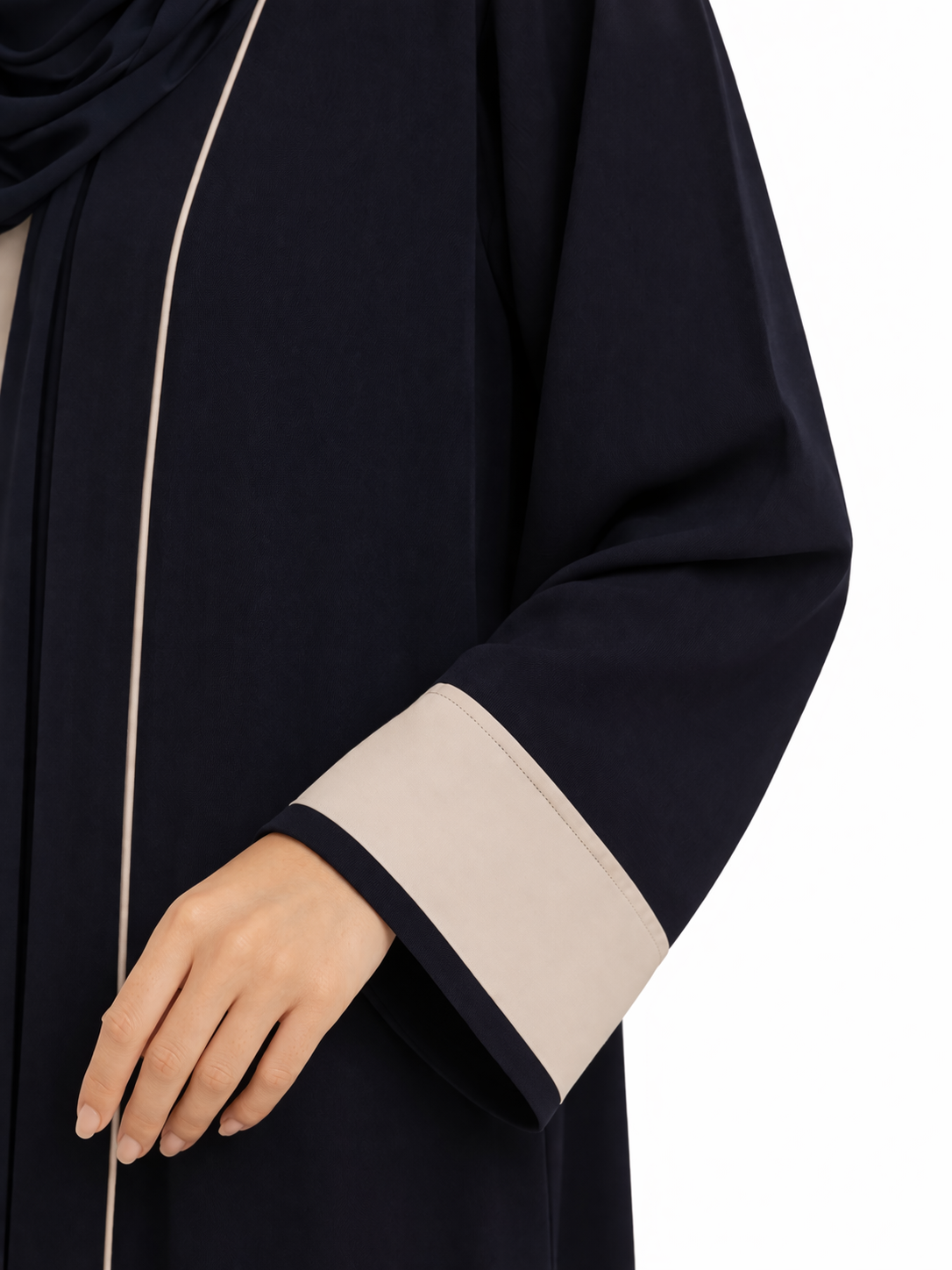 Dark Sapphire Contrast Trim Belted Two-Piece Open Front Maxi Abaya