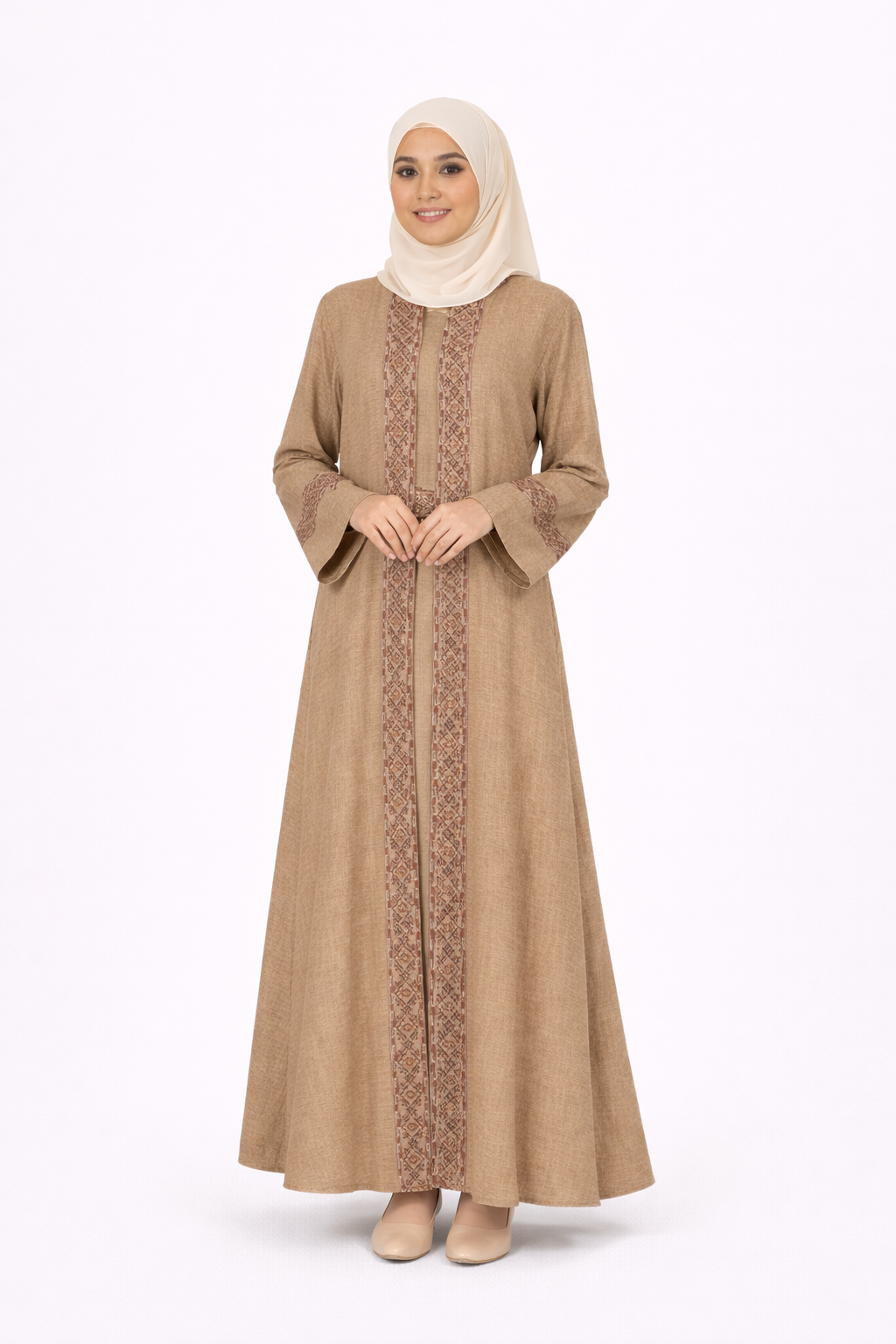 3 Piece Abaya with Embroidered Trim and Stone Detail - Sepia Tint