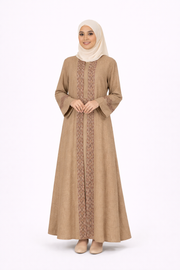 3 Piece Abaya with Embroidered Trim and Stone Detail - Sepia Tint
