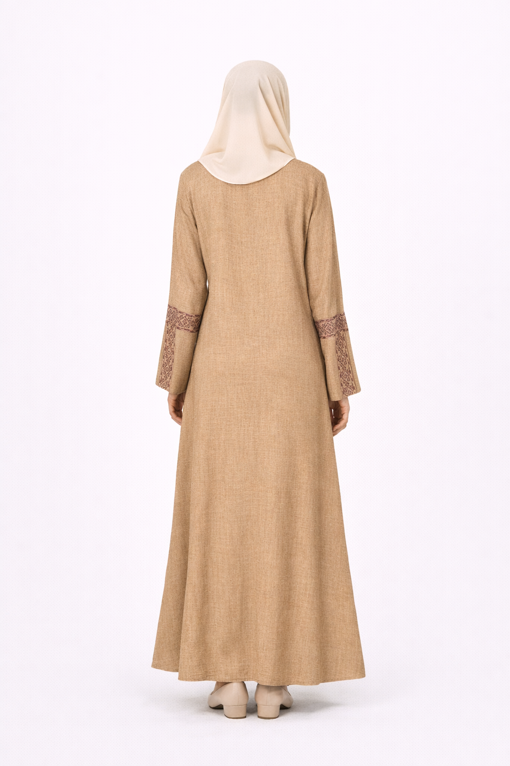 3 Piece Abaya with Embroidered Trim and Stone Detail - Sepia Tint