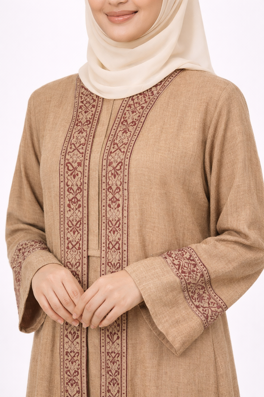 3 Piece Abaya with Embroidered Trim and Stone Detail - Sepia Tint
