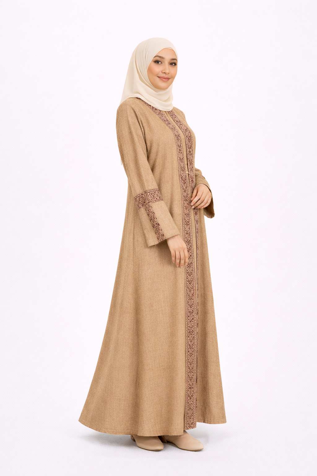 3 Piece Abaya with Embroidered Trim and Stone Detail - Sepia Tint