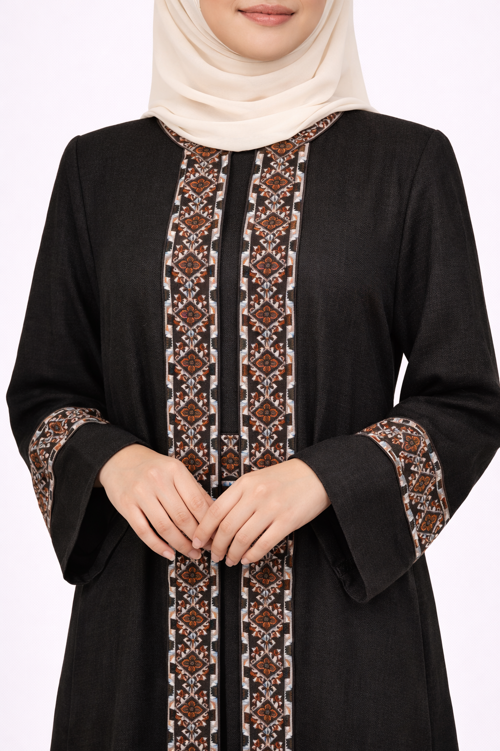 3 Piece Abaya with Embroidered Trim and Stone Detail - Meteorite