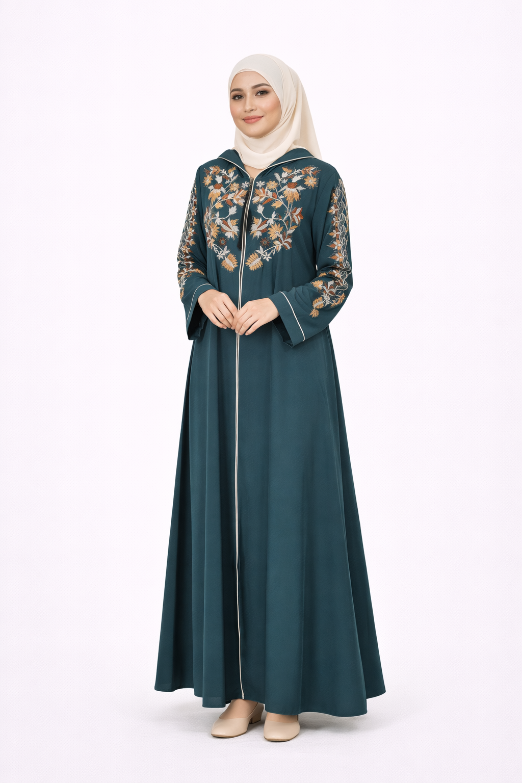 Reflecting Pond Garden Embroidered Hooded Zip Abaya