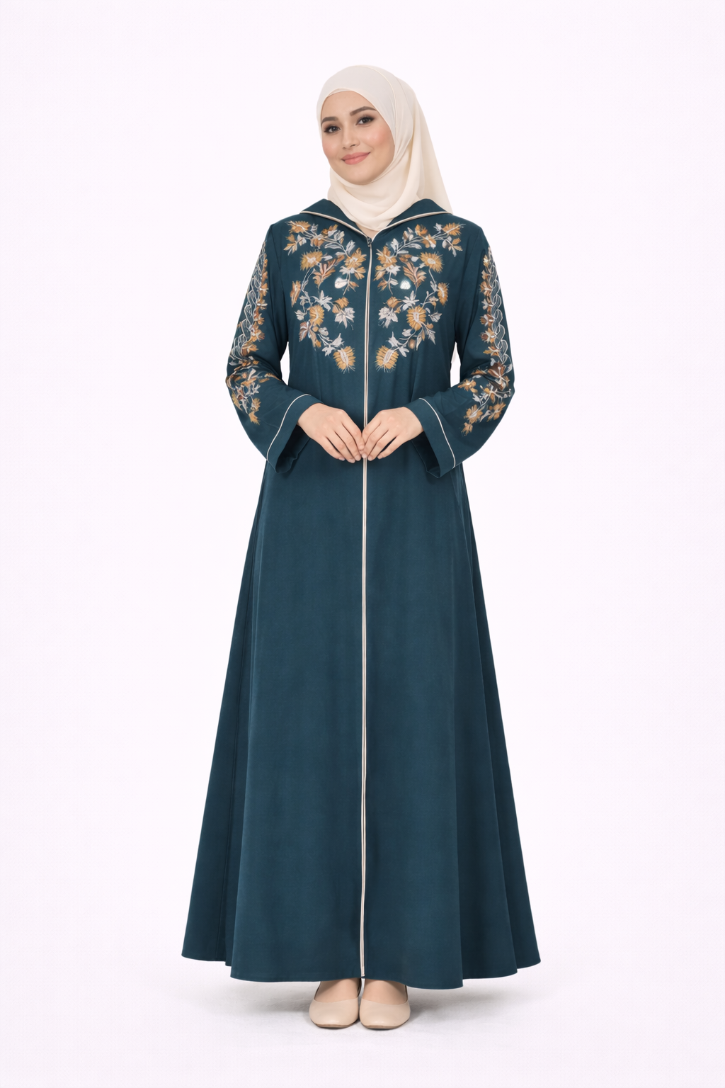 Reflecting Pond Garden Embroidered Hooded Zip Abaya
