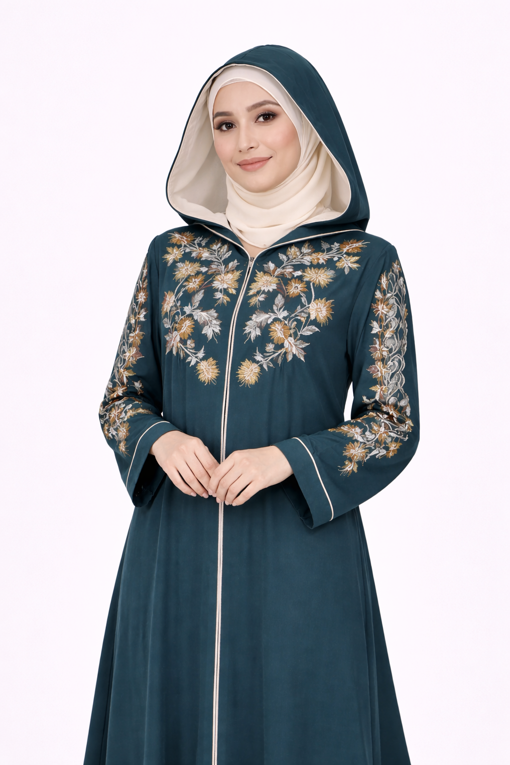 Reflecting Pond Garden Embroidered Hooded Zip Abaya