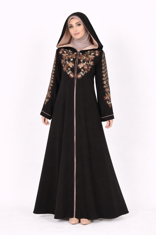 Anthracite Garden Embroidered Hooded Zip Abaya
