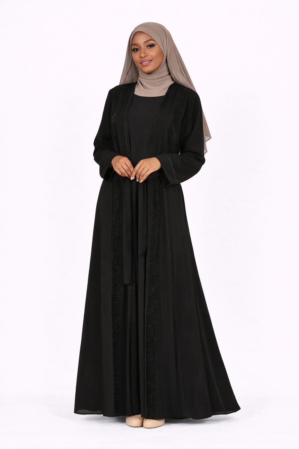 Stone Embellished 2 Piece Abaya with Belt - Tap Shoe
