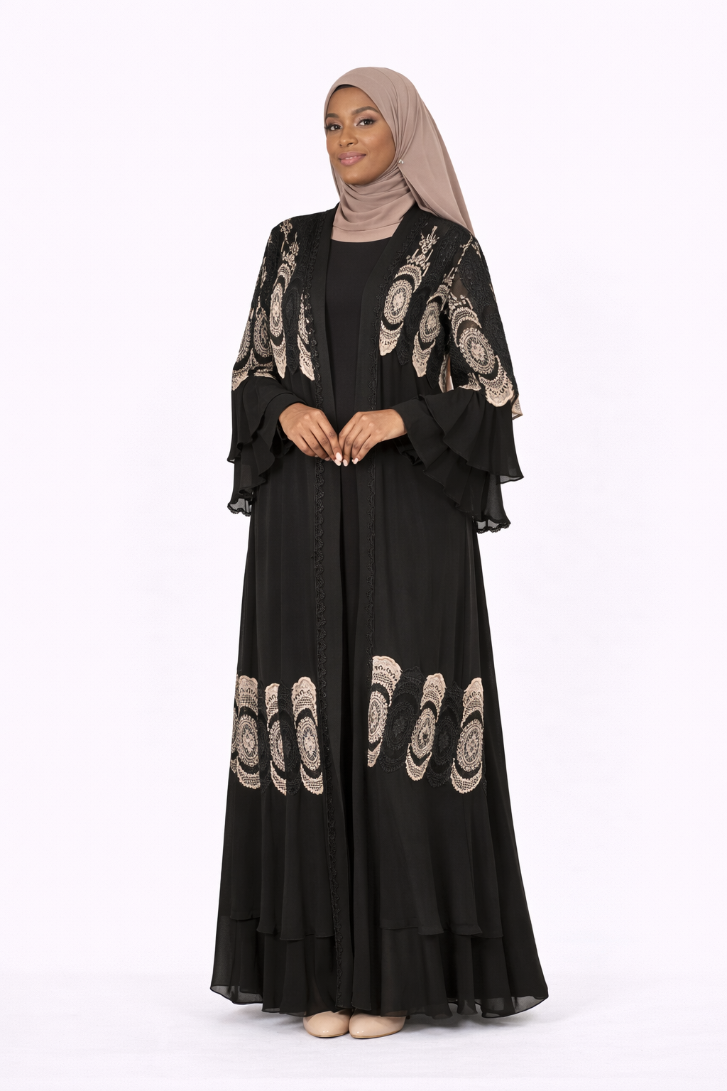 Tap Shoe Chiffon Abaya Set with Lace and Stone Detail and Ruffle Bell Sleeve
