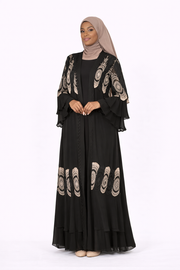 Tap Shoe Chiffon Abaya Set with Lace and Stone Detail and Ruffle Bell Sleeve