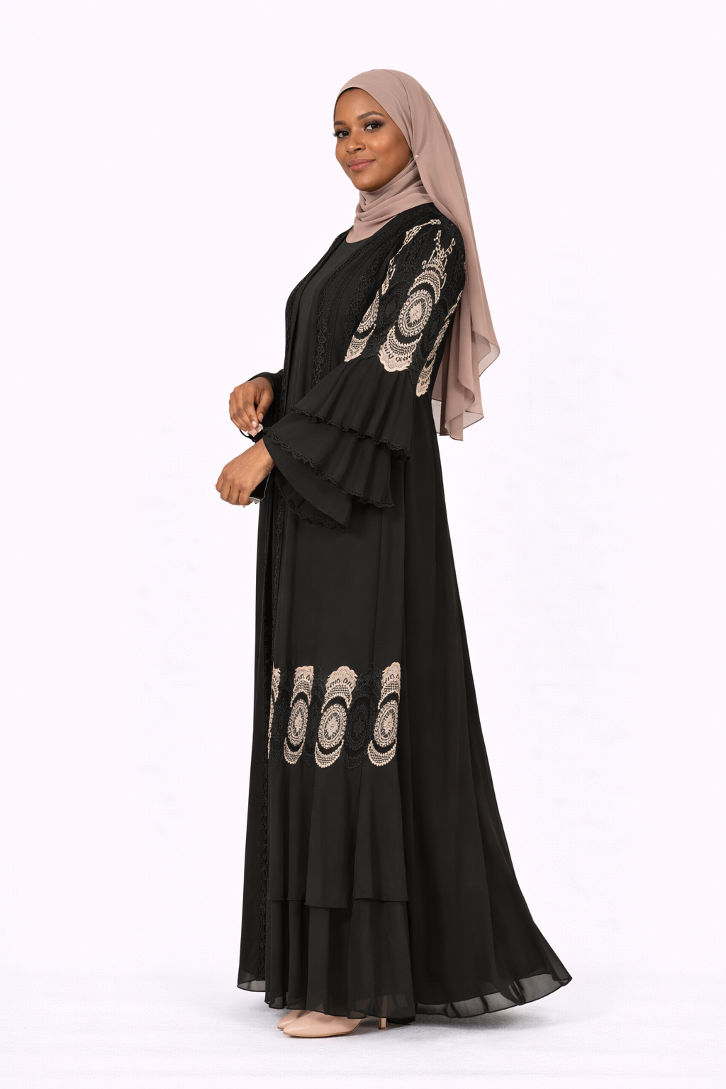 Tap Shoe Chiffon Abaya Set with Lace and Stone Detail and Ruffle Bell Sleeve