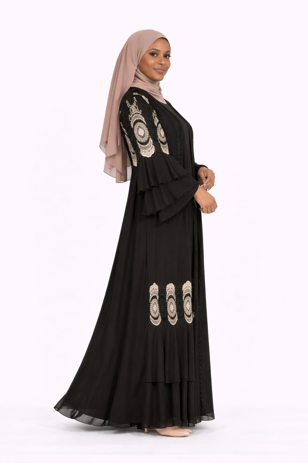 Tap Shoe Chiffon Abaya Set with Lace and Stone Detail and Ruffle Bell Sleeve