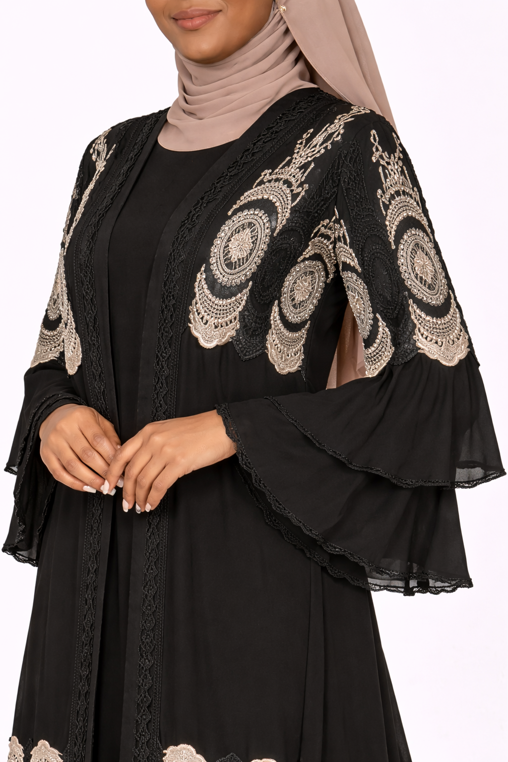 Tap Shoe Chiffon Abaya Set with Lace and Stone Detail and Ruffle Bell Sleeve