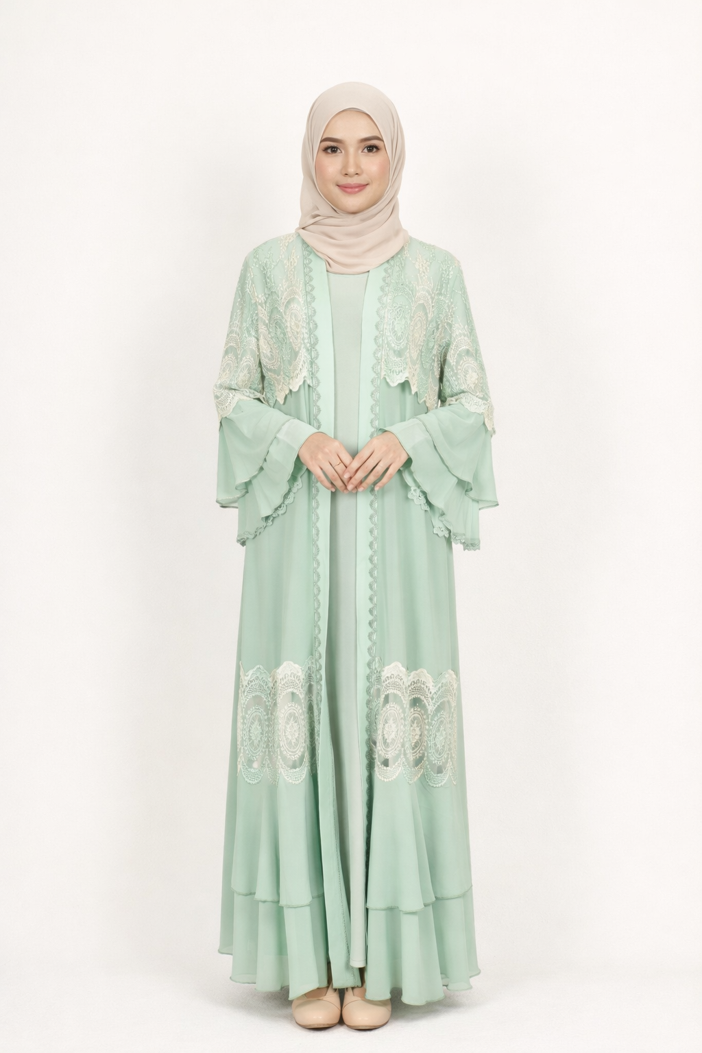 Mineral Blue Chiffon Abaya Set with Lace and Stone Detail and Ruffle Bell Sleeve