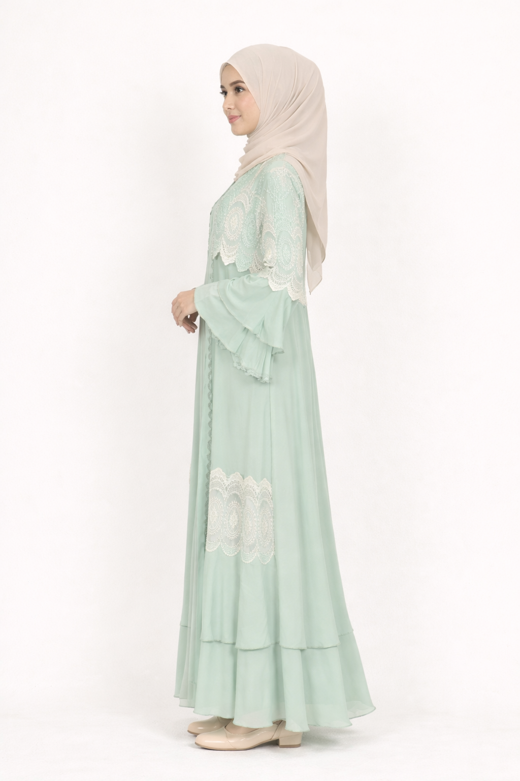 Mineral Blue Chiffon Abaya Set with Lace and Stone Detail and Ruffle Bell Sleeve