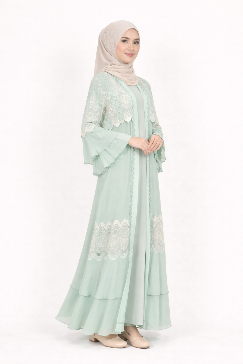 Mineral Blue Chiffon Abaya Set with Lace and Stone Detail and Ruffle Bell Sleeve