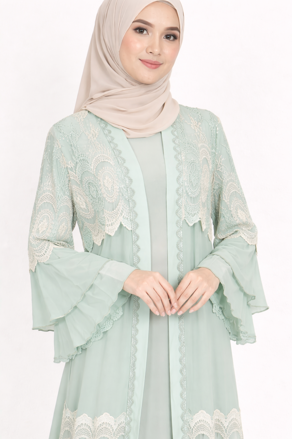Mineral Blue Chiffon Abaya Set with Lace and Stone Detail and Ruffle Bell Sleeve