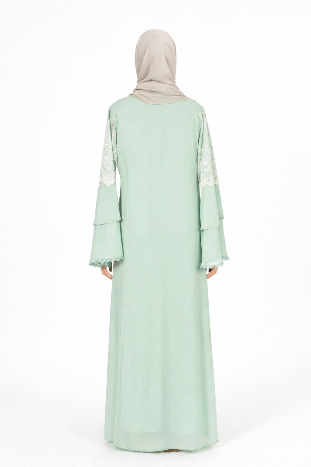 Mineral Blue Chiffon Abaya Set with Lace and Stone Detail and Ruffle Bell Sleeve