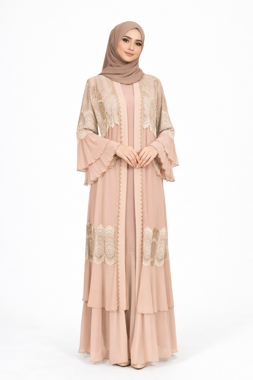 Mellow Rose Chiffon Abaya Set with Lace and Stone Detail and Ruffle Bell Sleeve