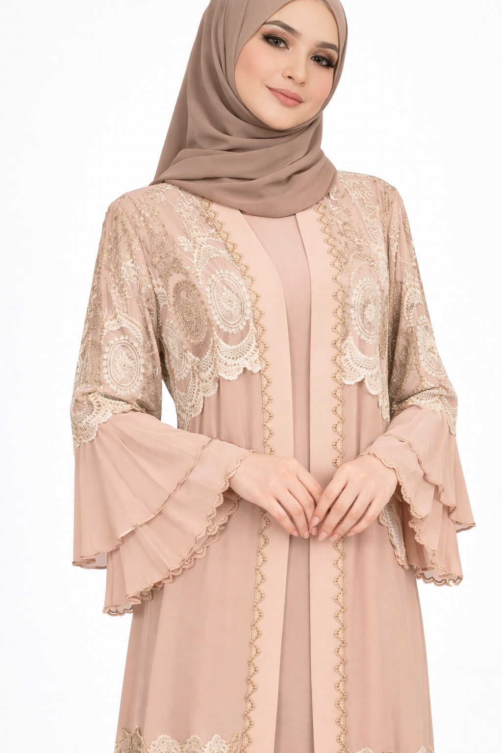 Mellow Rose Chiffon Abaya Set with Lace and Stone Detail and Ruffle Bell Sleeve