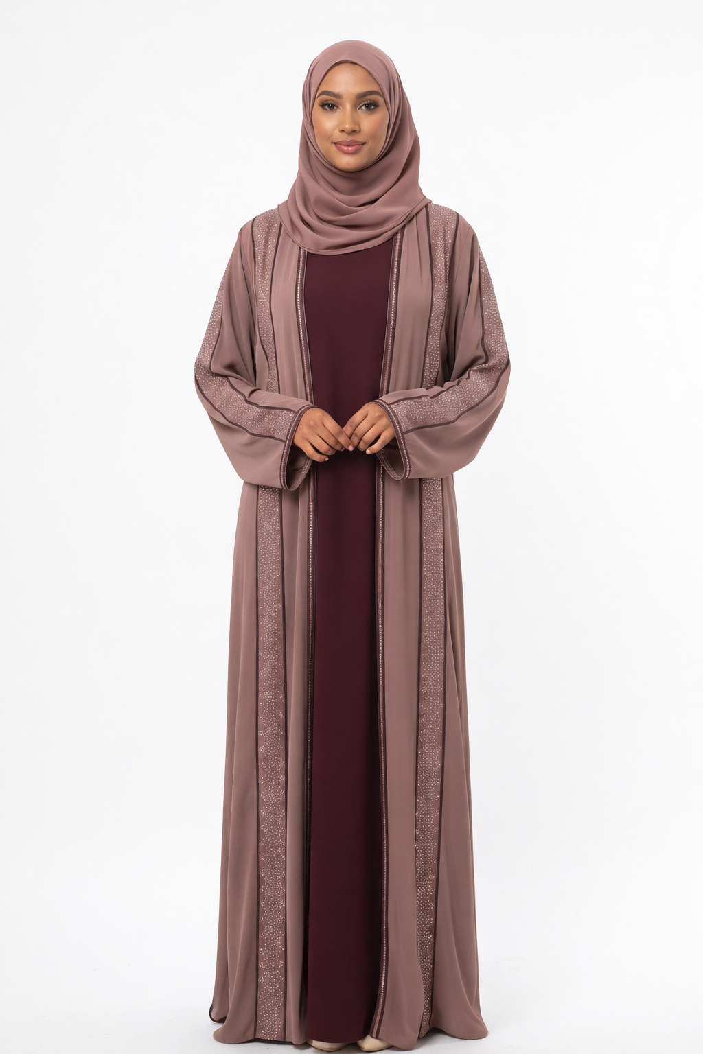 Stone Embellished 2 Piece Abaya with Belt - Plum Kitten