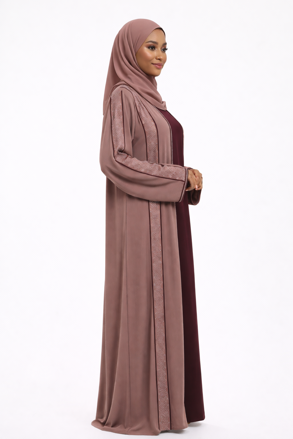 Stone Embellished 2 Piece Abaya with Belt - Plum Kitten