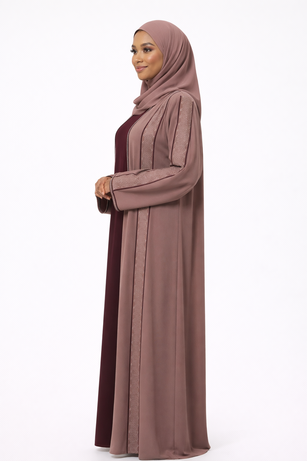 Stone Embellished 2 Piece Abaya with Belt - Plum Kitten
