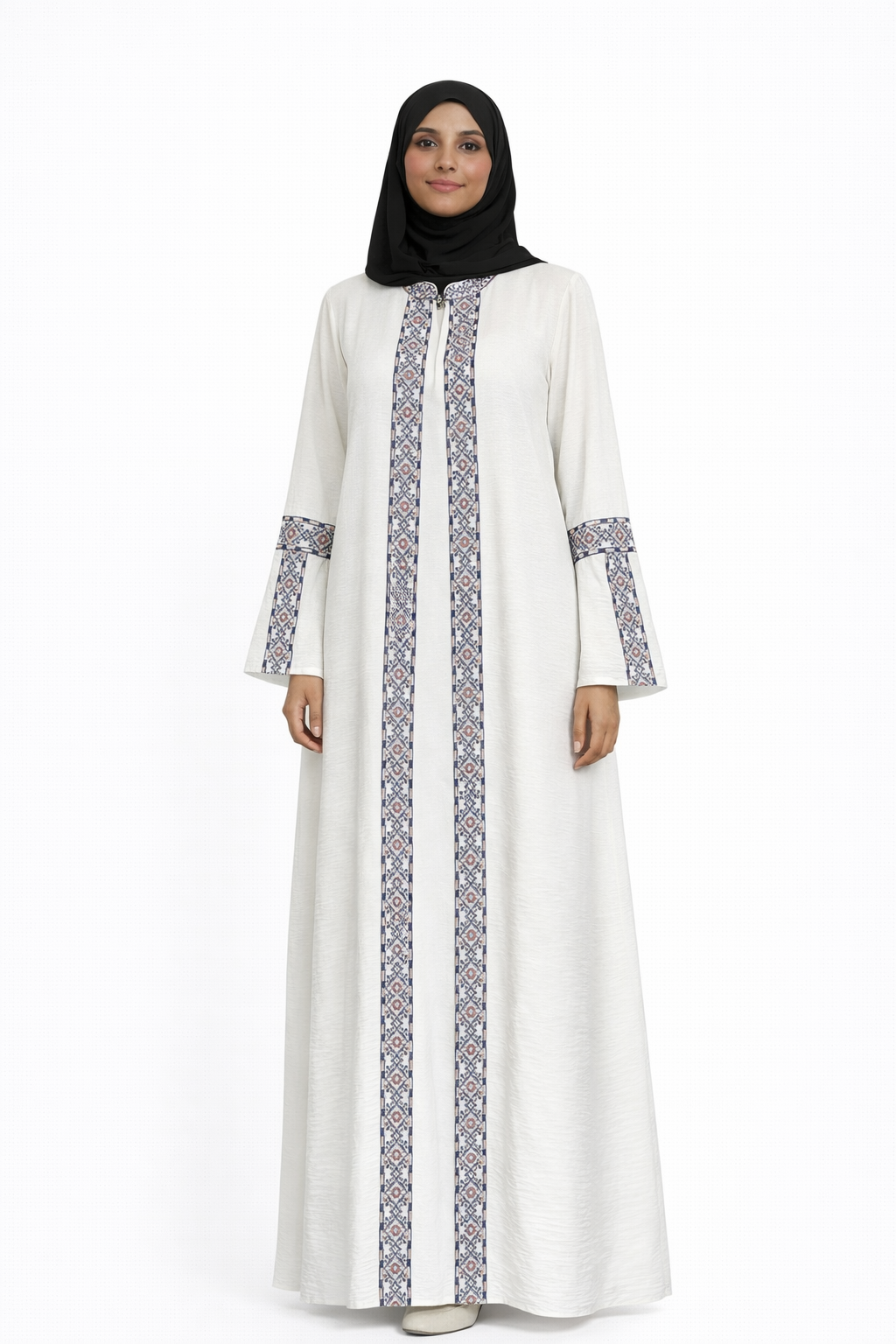3 Piece Abaya with Embroidered Trim and Stone Detail - Blue Opal