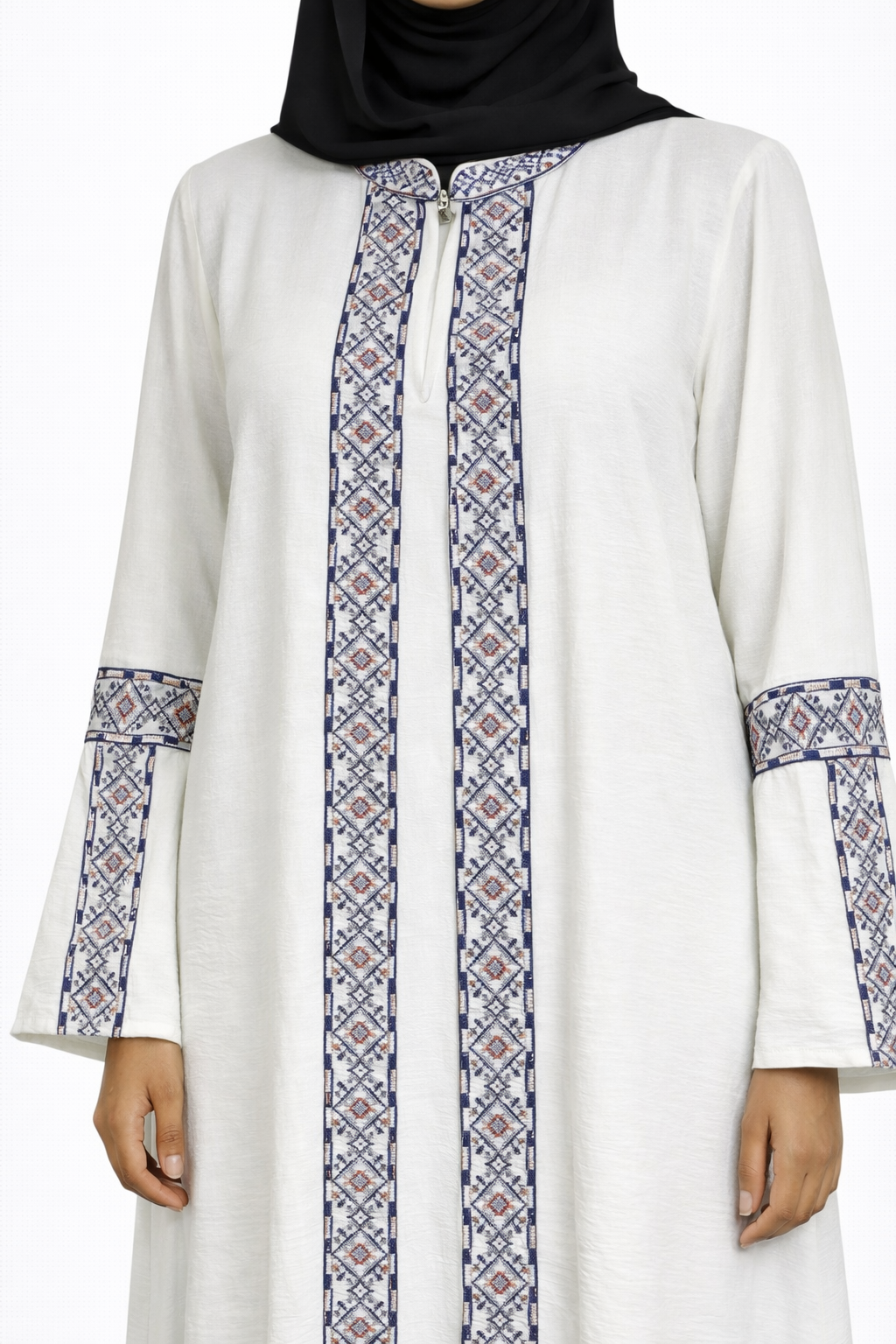 3 Piece Abaya with Embroidered Trim and Stone Detail - Blue Opal