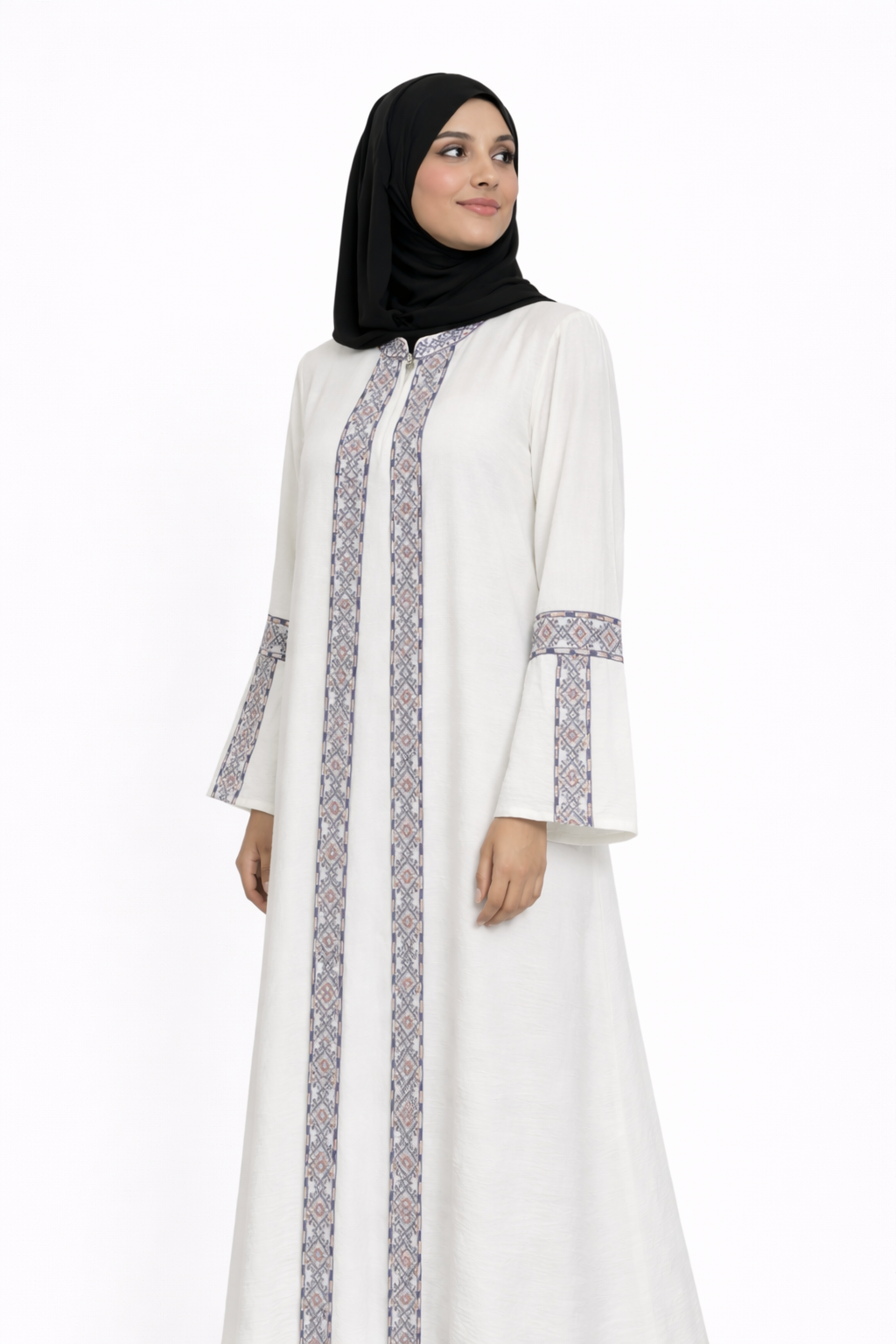 3 Piece Abaya with Embroidered Trim and Stone Detail - Blue Opal