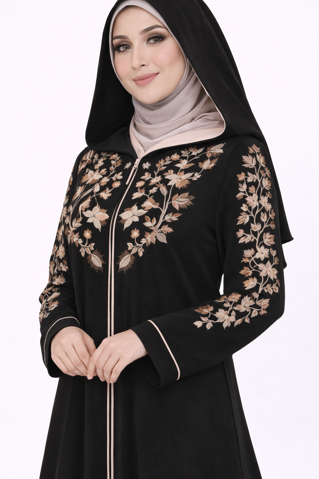 Anthracite Garden Embroidered Hooded Zip Abaya