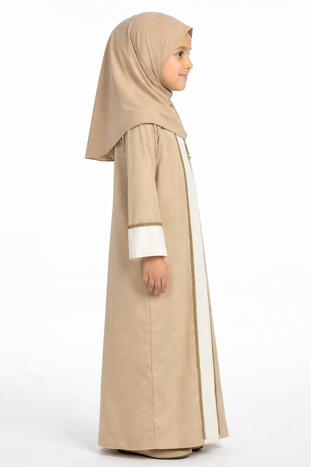 Abbey Stone Girls Elegant Open Abaya with Gold Trim Detailing