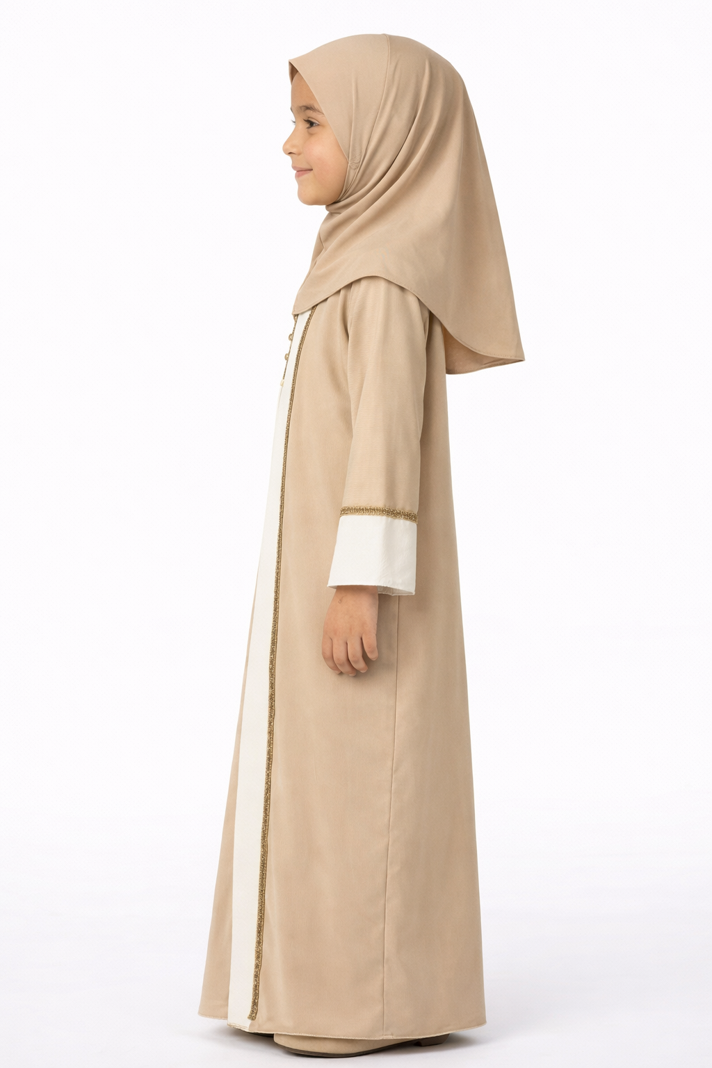 Abbey Stone Girls Elegant Open Abaya with Gold Trim Detailing