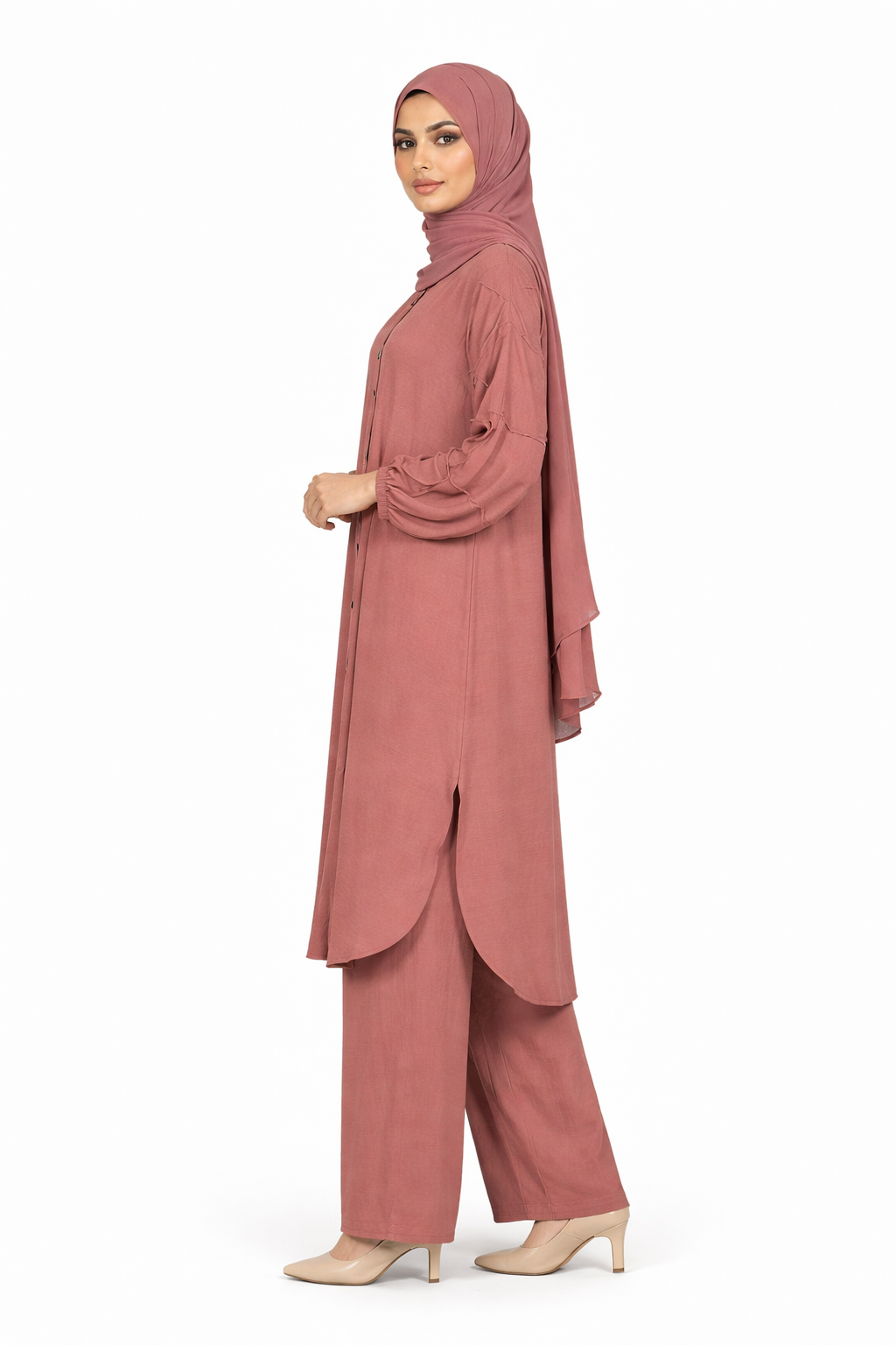 Mesa Rose Textured Modest Longline Tunic & Wide-Leg Pants Set