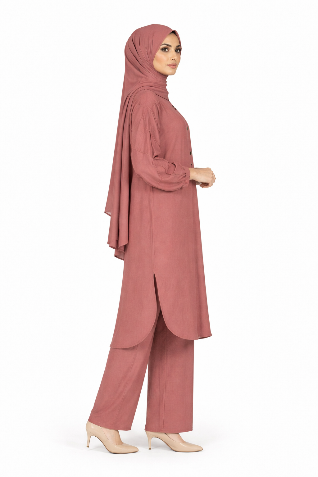 Mesa Rose Textured Modest Longline Tunic & Wide-Leg Pants Set