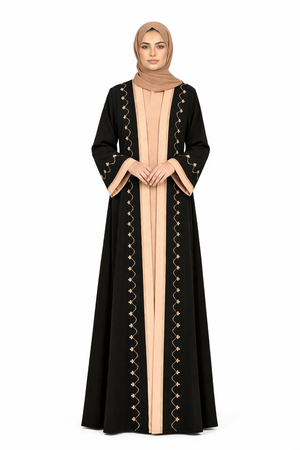 Tap Shoe Two-Tone Embroidered Trim Open Abaya