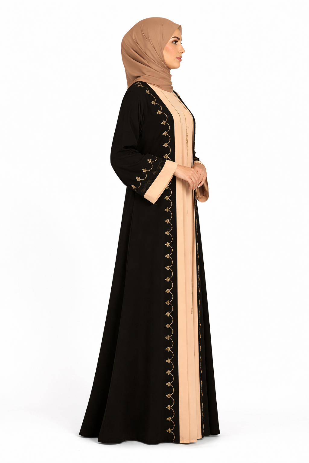Tap Shoe Two-Tone Embroidered Trim Open Abaya