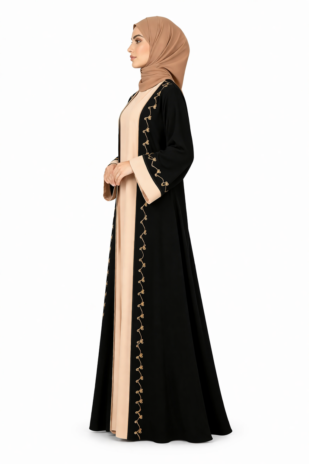Tap Shoe Two-Tone Embroidered Trim Open Abaya