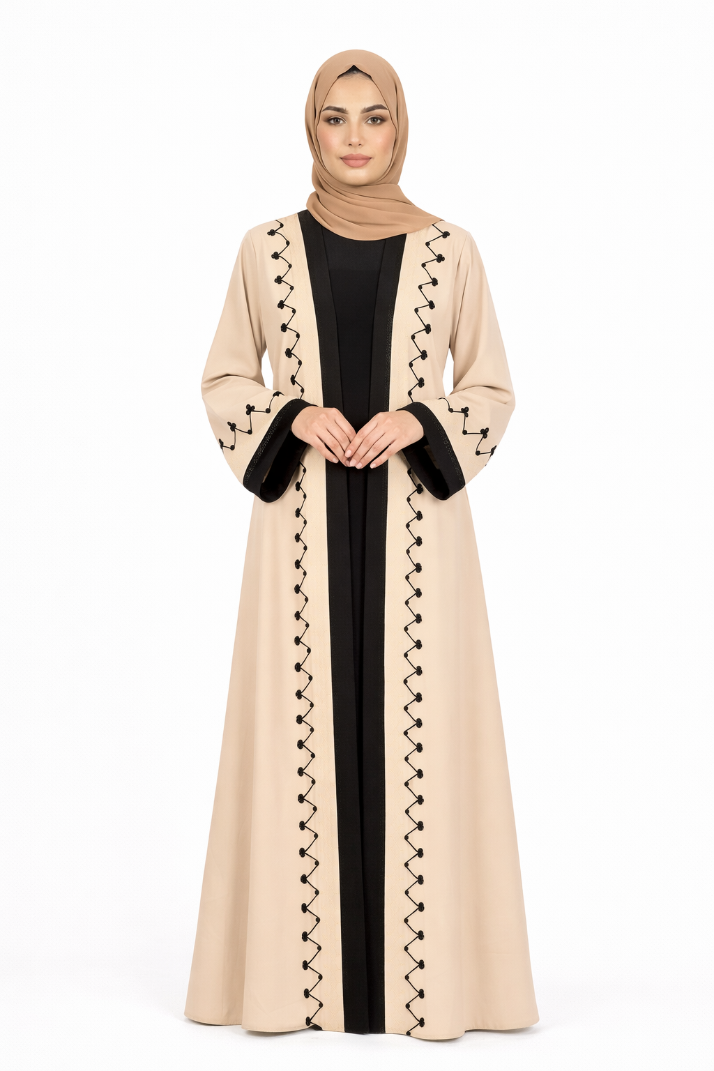 Cloud Cream Two-Tone Embroidered Trim Open Abaya