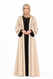 Cloud Cream Two-Tone Embroidered Trim Open Abaya